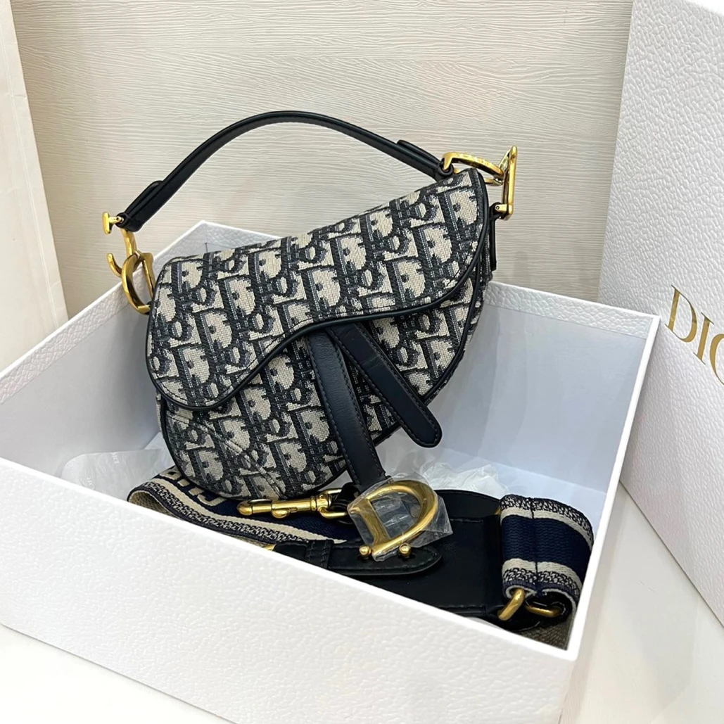 99新 DIOR/迪奥 DIOR迪奥小号马鞍包，Oblique蓝色印花