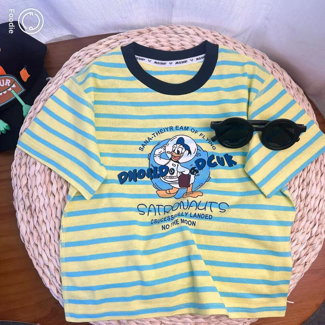 【JMJQ 25695】夏季中小童韩版亲肤宽条唐老鸭清爽短袖体恤