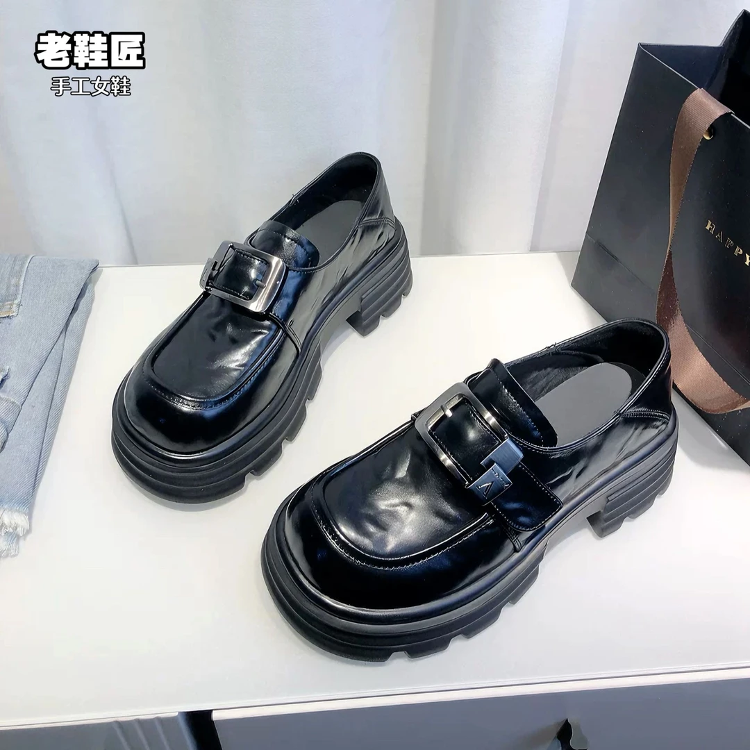 【真皮】跟高5.5cm超轻厚底春季新款小皮鞋乐福鞋透气舒适