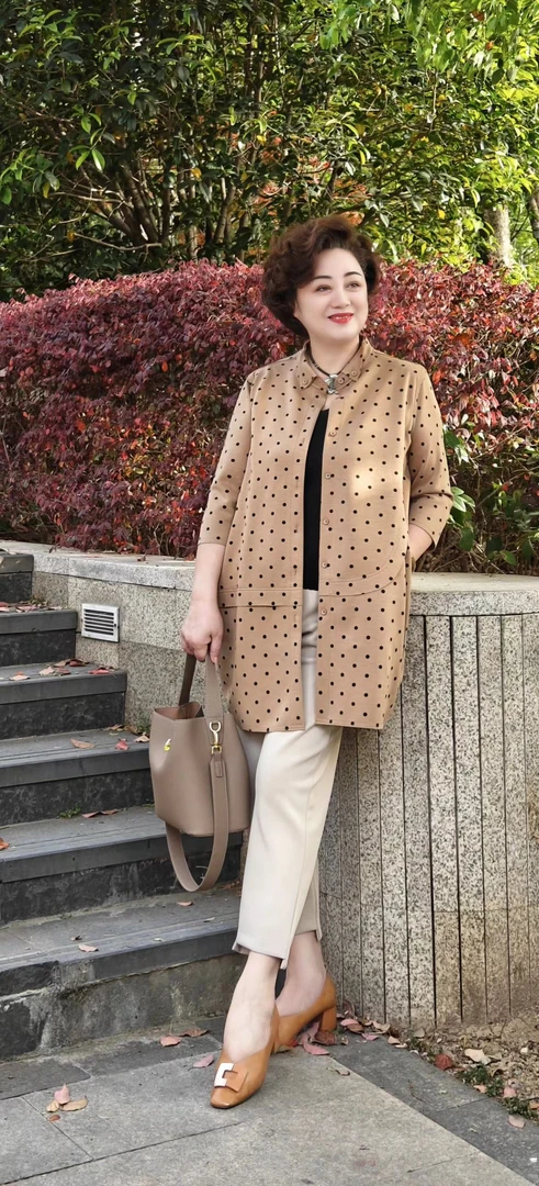 秋季新款宽松舒适波点半袖中长款开衫