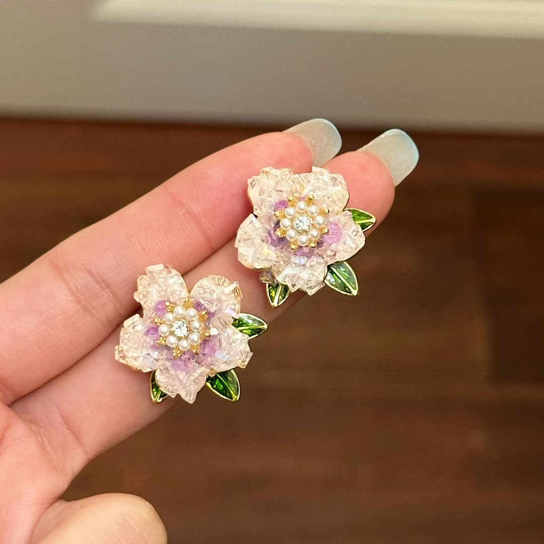 铜合金合成锆石耳饰 E0661 春天花朵洋气复古手工甜美少女耳环