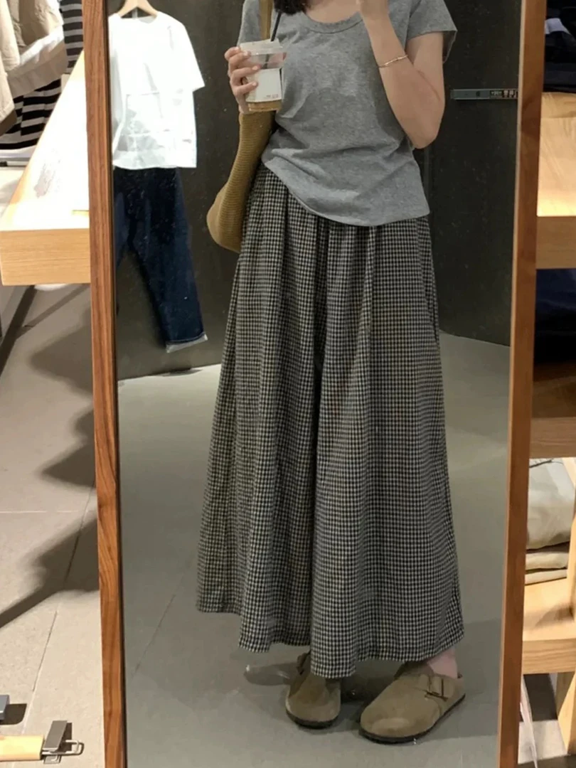 棉麻格子阔腿九分裙裤慵懒风薄款宽松显瘦