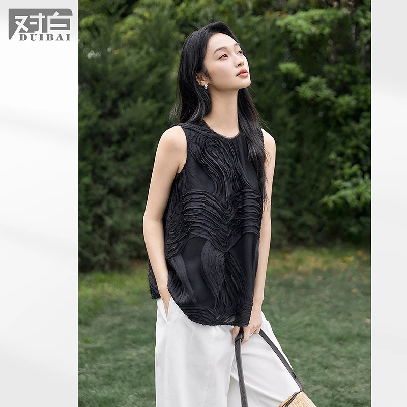 D01对白法式波浪盘绣背心衬衫女系带无袖小衫FDX025