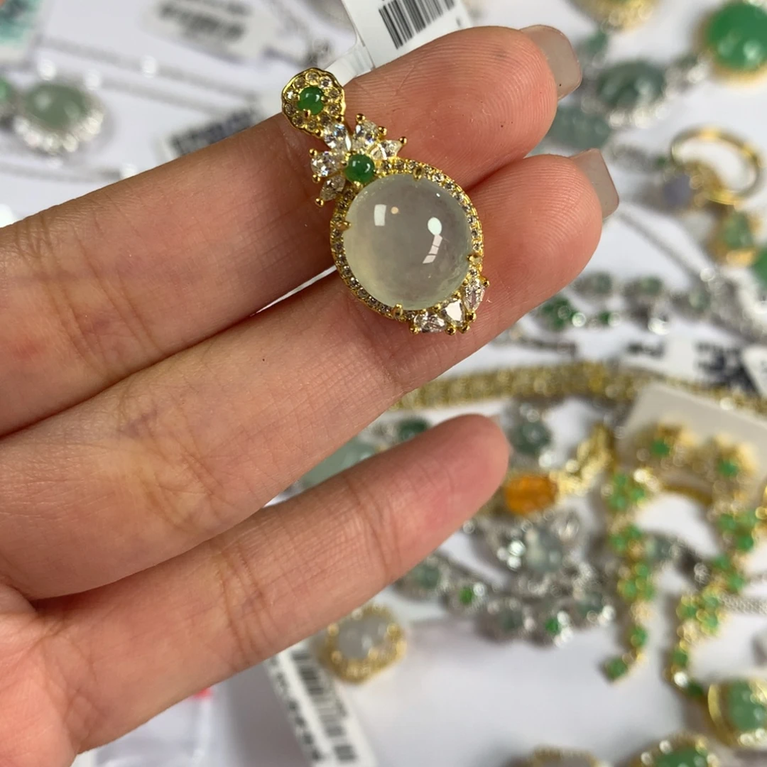 翡翠银S925镶嵌戒指吊坠