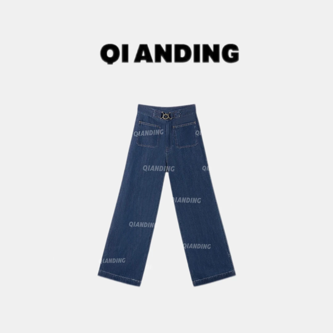 【QIANDING】2025【棉亚麻混纺】水洗金属扣直筒高腰牛仔25853