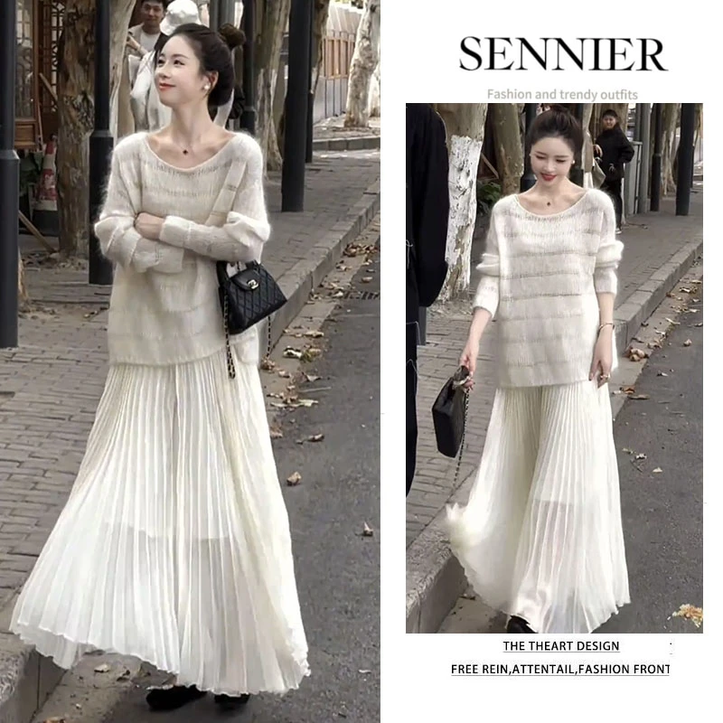 秋季温柔系穿搭女2025新款韩版时尚慵懒风针织衫气质半身裙两件套