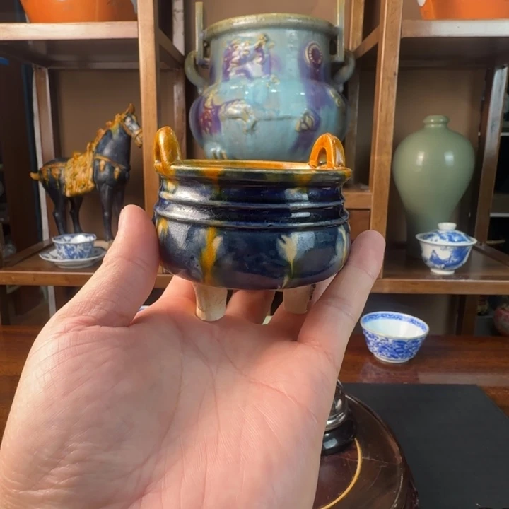 古***源陶瓷三彩三足炉全美品
