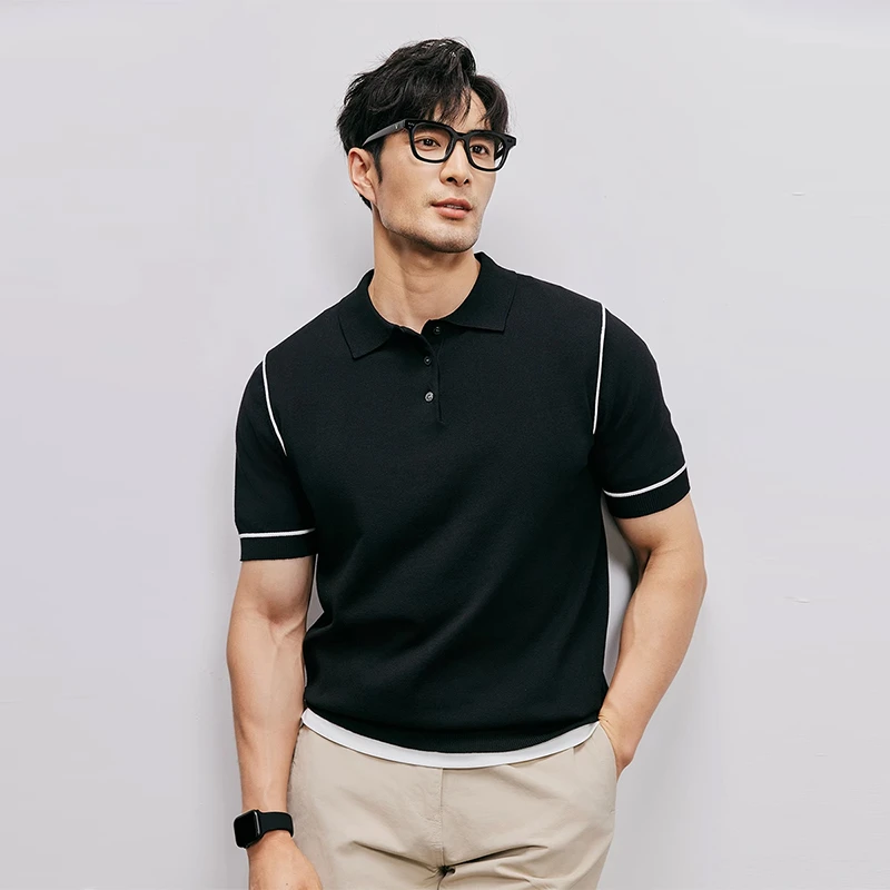 轻奢翻领Polo衫针织短袖男士轻熟风商务休闲修身透气拼色半袖上衣