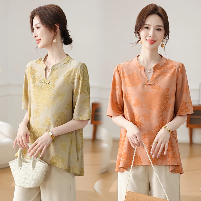 母亲节时尚薄款中老年妈妈婆婆女装中国风印花中式女装中袖小衫