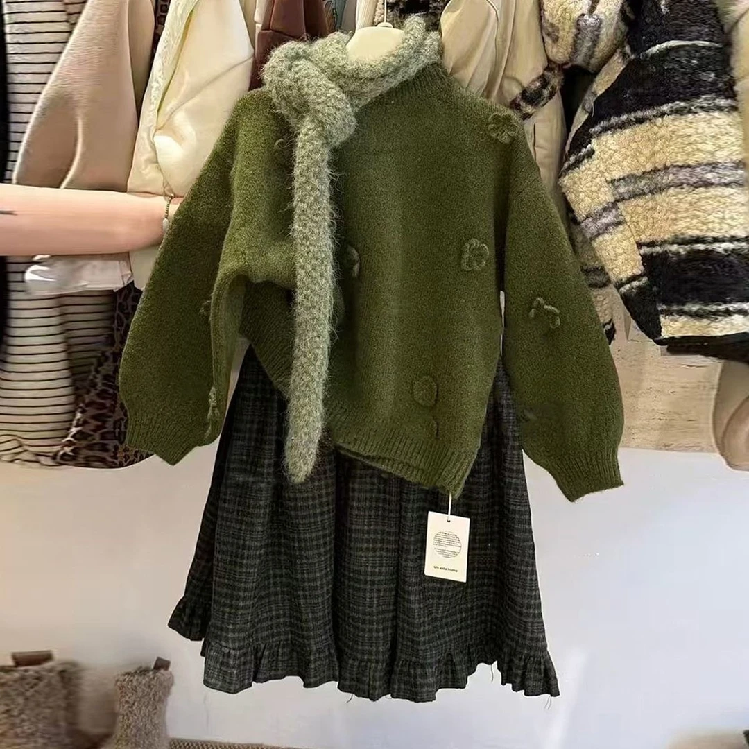 韩版女童套装2025新款复古花朵毛衣小女孩格纹半身裙洋气二件套潮