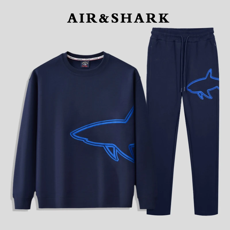 AIR SHARK/鲨鱼正品男士款长袖百搭潮流高级圆领套头宽松休闲套装