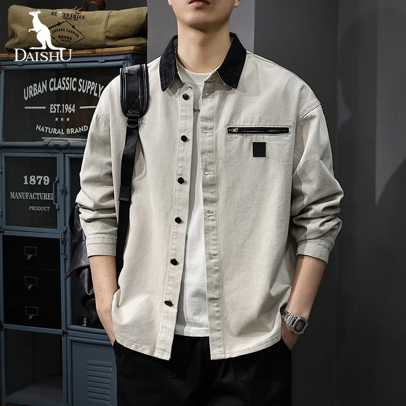 Dai Shu/袋鼠秋季长袖衬衫男潮牌复古工装衬衣美式休闲翻领外套