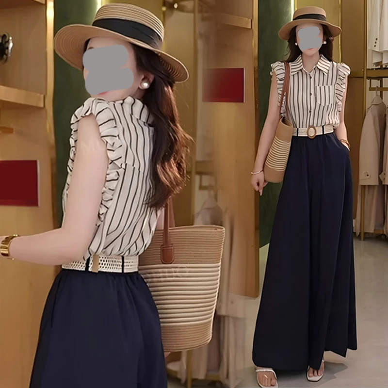 小个子高级感气质时尚搭配一整套2025夏新款短袖衬衫阔腿裤两件套