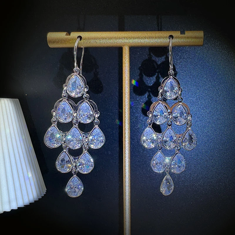 铜合金耳饰 高级感气质水滴长款耳钩女ins轻奢锆石流苏耳坠耳环