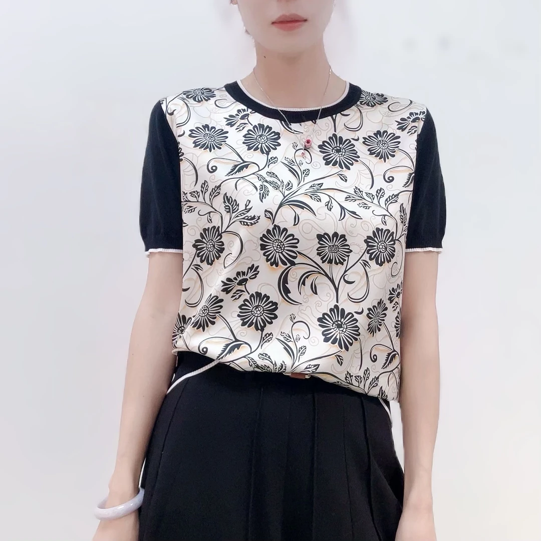 SS 25033【繁华艺雅】2025夏碎花印花拼接桑蚕丝短袖套头