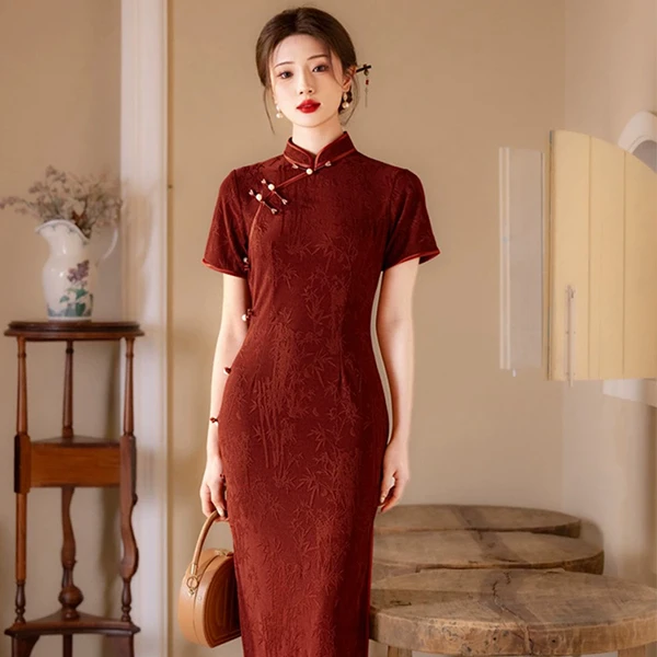 旗袍2025新款改良复古旗袍短袖红色新中式连衣裙女