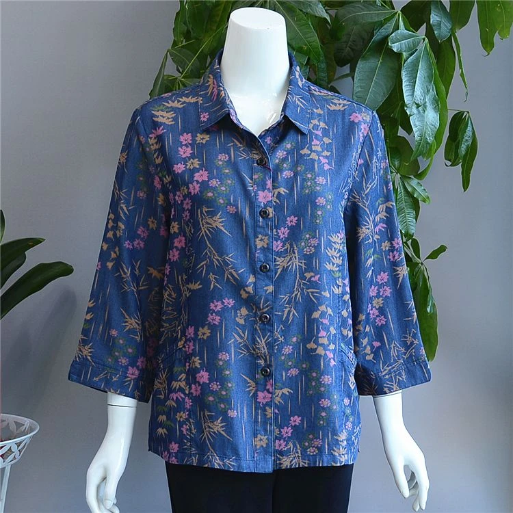 新款衬衫中老年妈妈女装七分宽松大码洋气上衣奶奶夏装牛仔衬衣