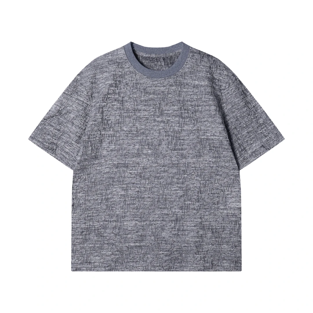 夏季高级感新款基础纯色花纱暗纹编织质感透气宽松时尚圆领短袖