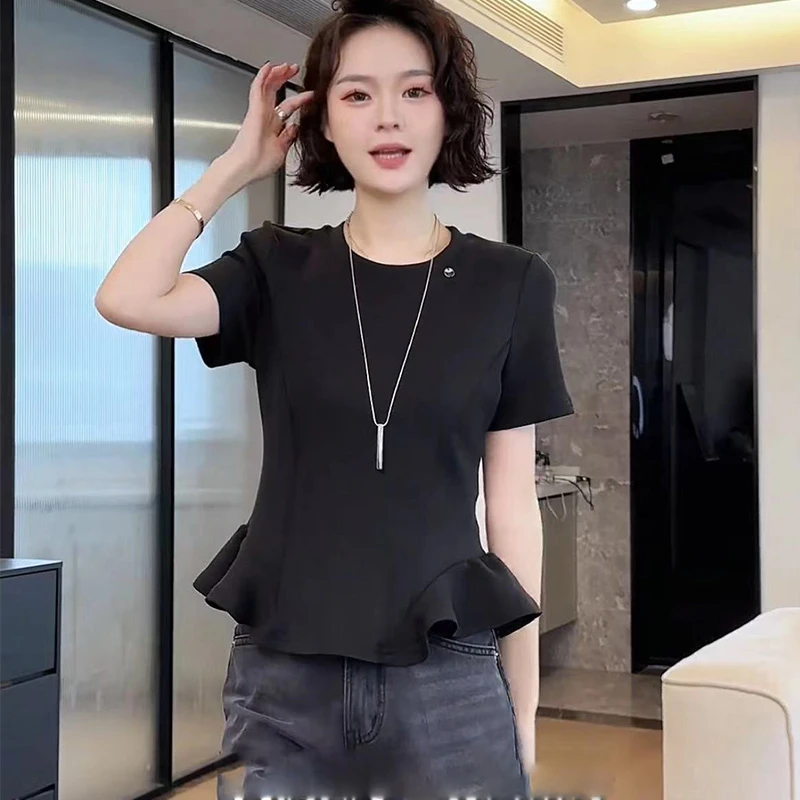 韩系拼接荷叶边短袖上衣女夏季新款设计感气质收腰短打底洋气T恤