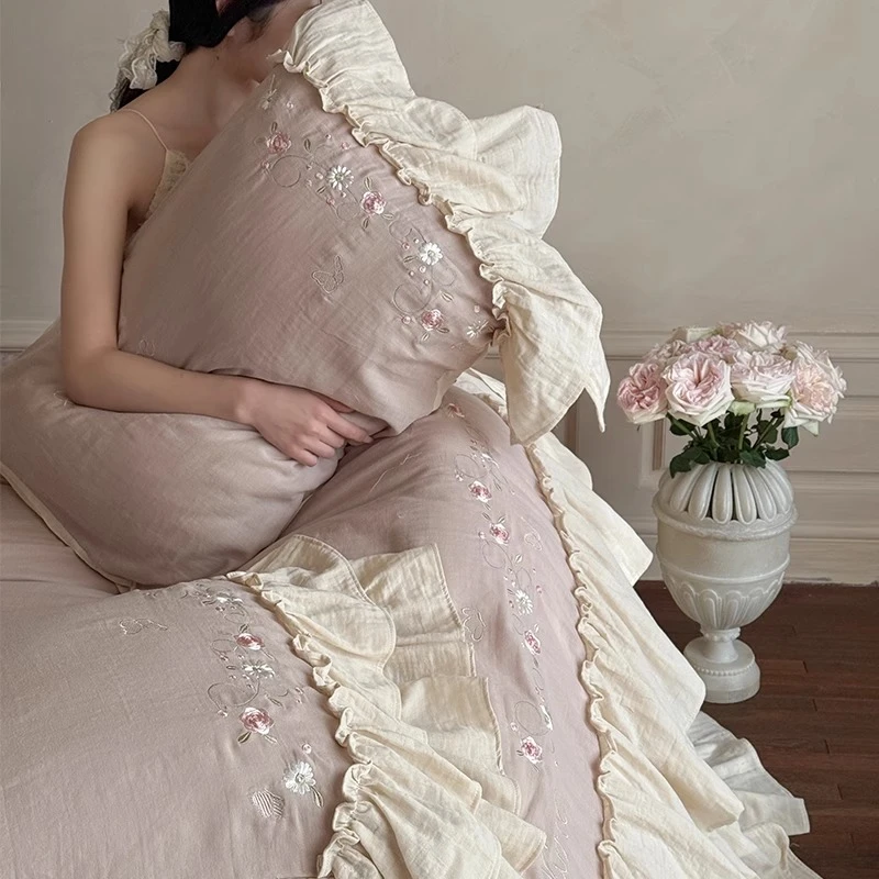 轻奢公主风法式浪漫全棉双层纱四件套荷叶边刺绣纯棉被套床上用品