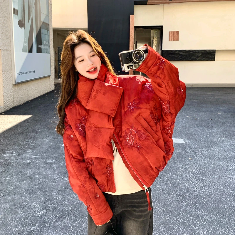 复古新中式提花刺绣羽绒服2025冬季新款氛围感超显白配围脖面包服