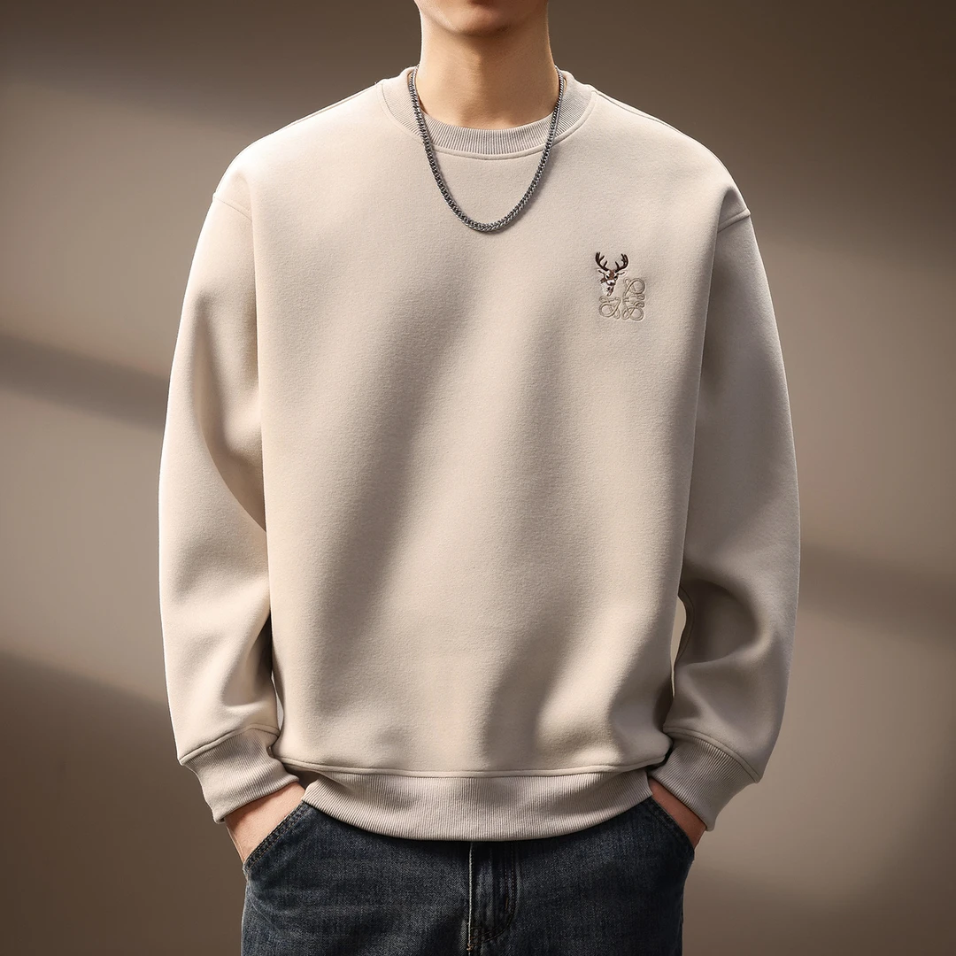 高端潮牌简约小鹿刺绣重磅卫衣男秋季新款美式复古宽松圆领上衣男