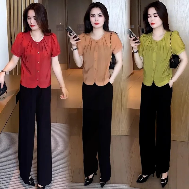 时尚套装女2025夏季新款洋气显瘦小个子泡泡袖百搭减龄短袖衬衫潮