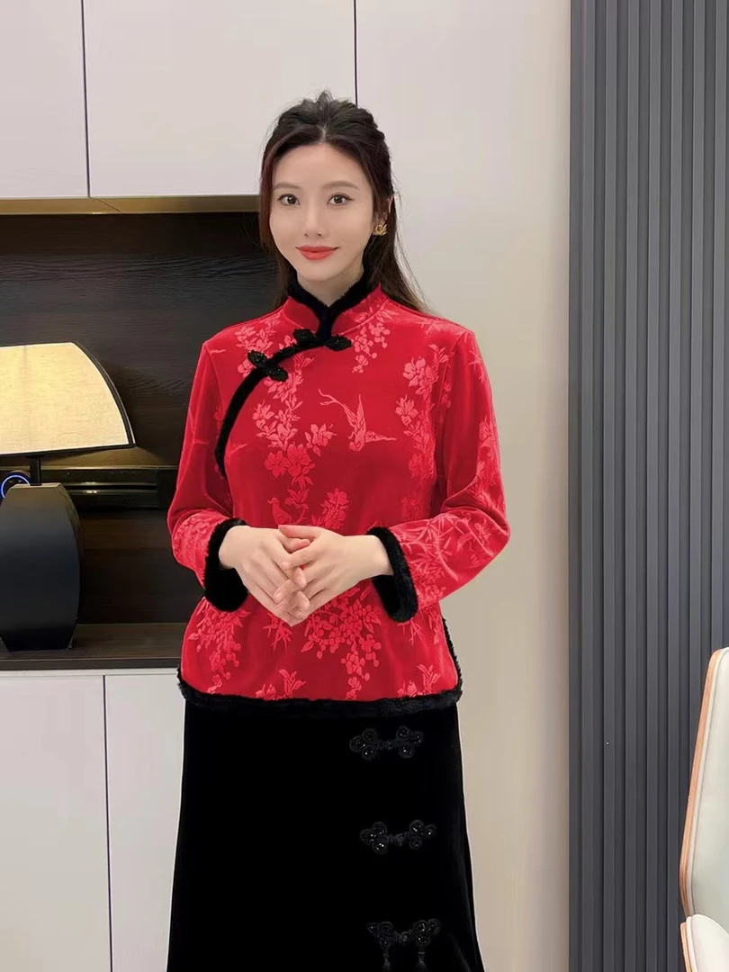 新中式复古盘扣加绒加厚长袖上衣女秋冬款保暖小衫