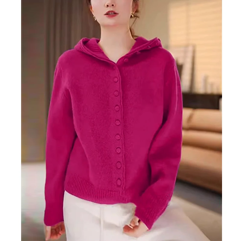 玫红色连帽针织毛衣外套秋冬2024新款女款宽松休闲百搭慵懒版上衣