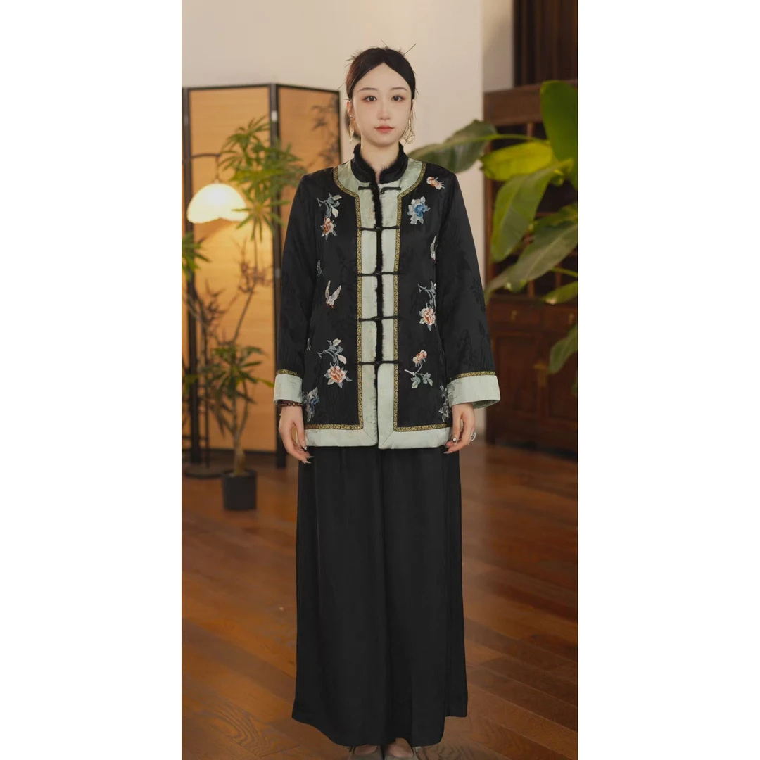 刺绣厚款立领薄款中长款常规上衣冬季提花加厚棉服