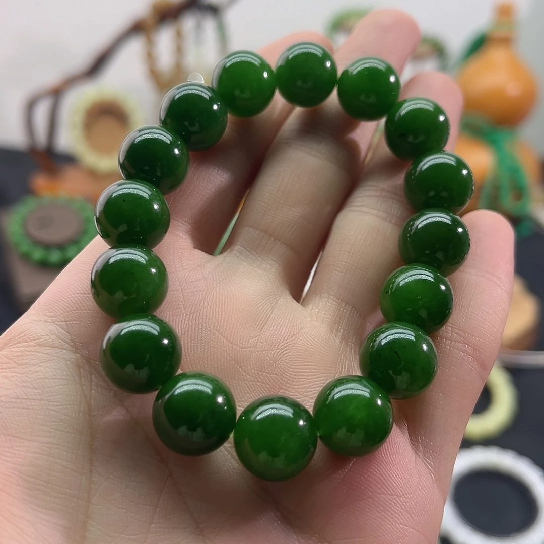 和田玉未镶嵌颈饰俄碧-菠菜绿手串-13mm