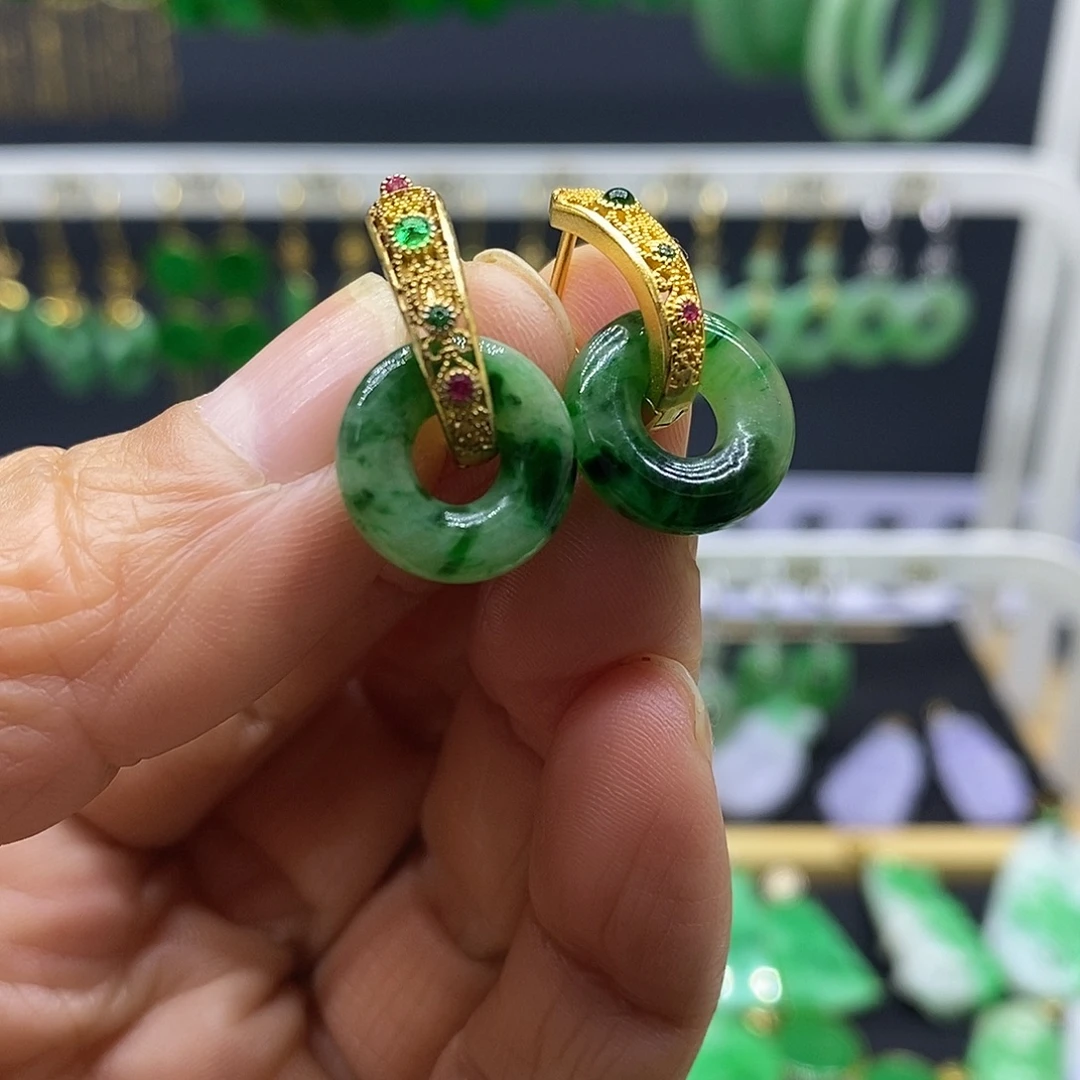 翡翠银S925镀金镶嵌耳饰耳坠