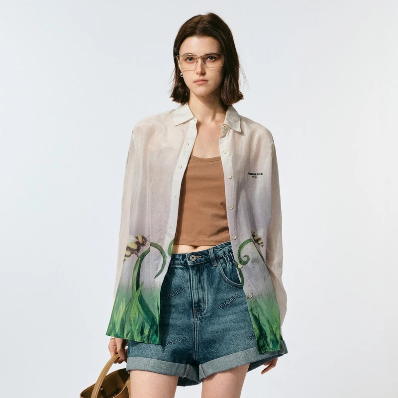 U/TI【花花世界】桑蚕丝高定混纺蜜蜂花园透气轻薄慵懒长袖防晒衬衫