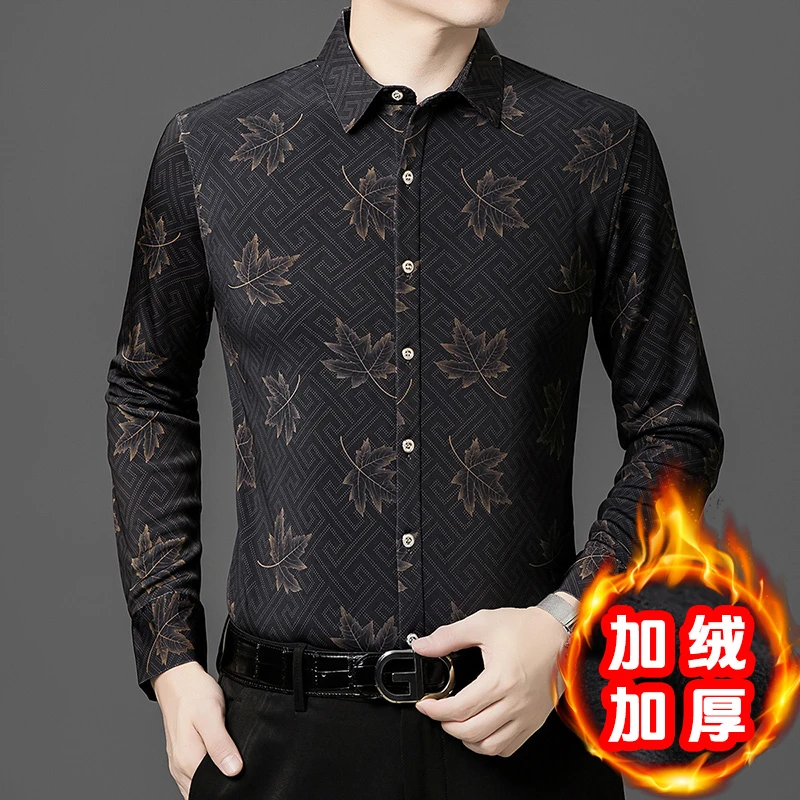 【厂家直销】中国风加绒男士格子大码冰丝衬衫抗皱免烫宽松长袖衬衣