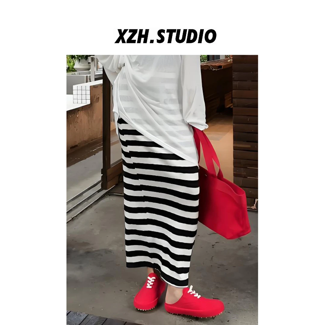 徐子涵ZIHAN 条纹半身裙夏季新款女士a字裙显瘦高腰打底裙开叉裙
