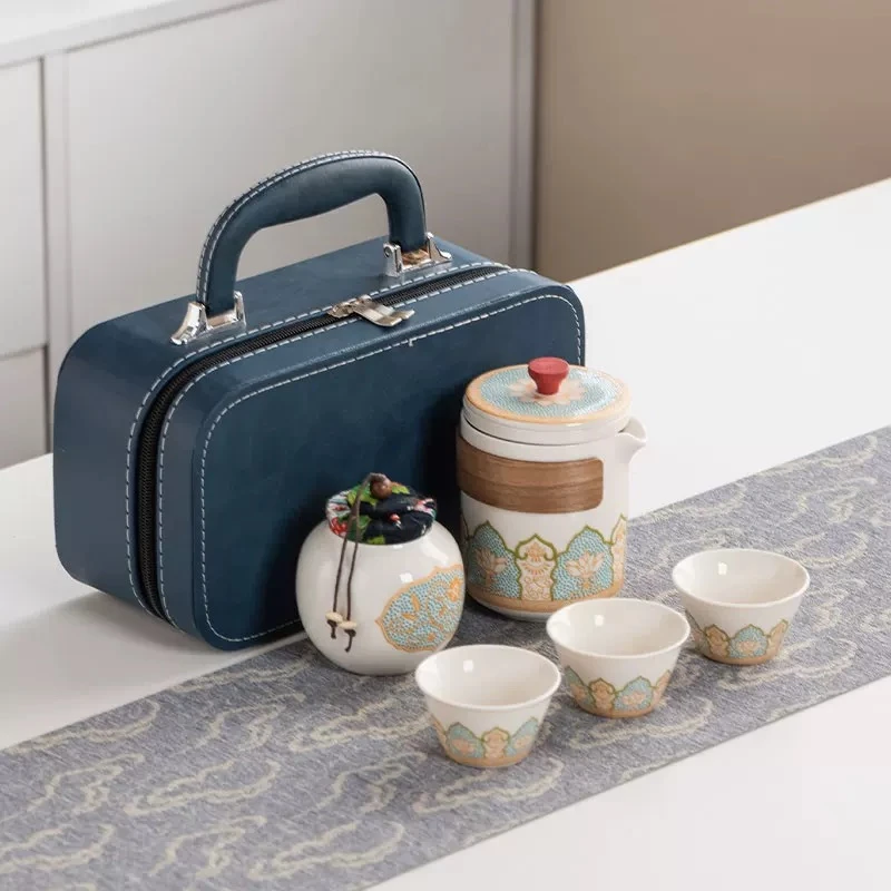 G1268-宝相花一壶三杯加茶叶罐旅行包（蓝款）GS