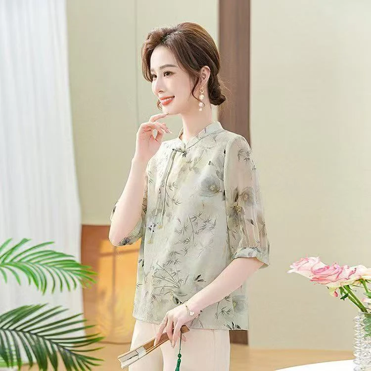 9452-夏季新款新中式中袖气质减龄妈妈装上衣小衫（老仓库）