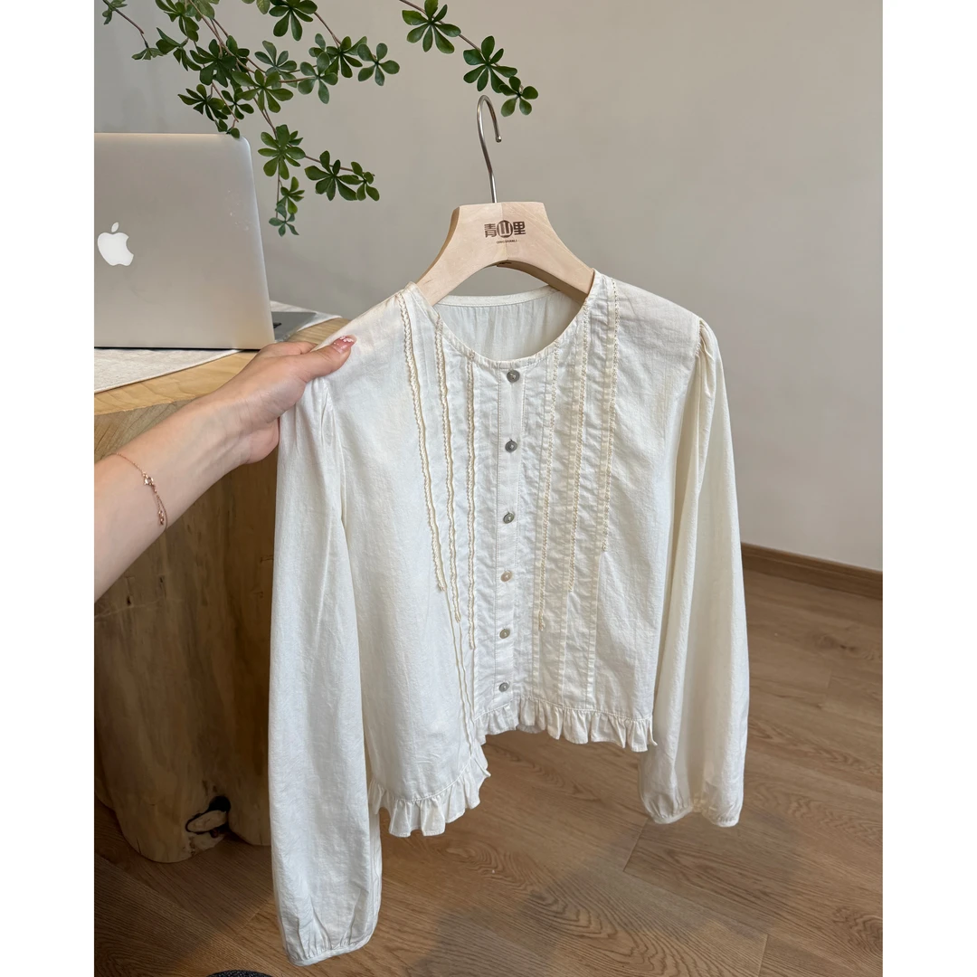 S0019-省心穿搭秋季新品韩版重工木耳边圆领复古法式小衫女衬衫