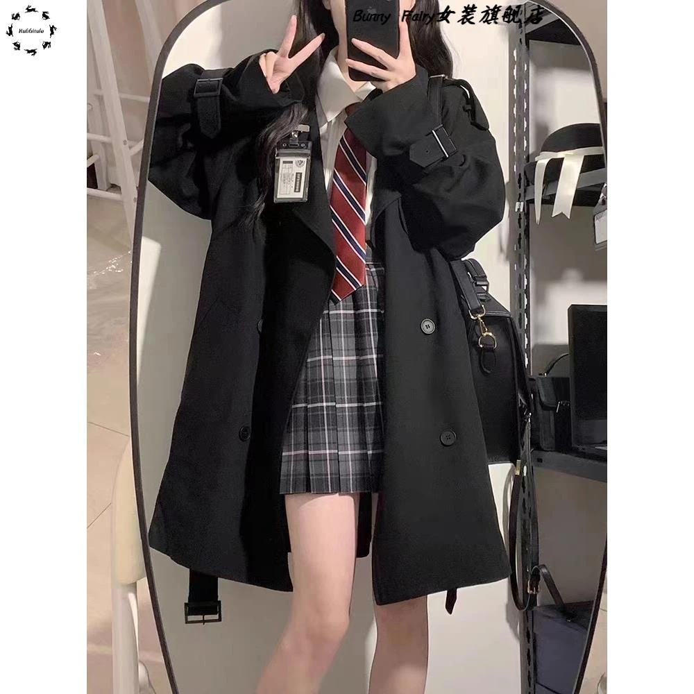 码胖妹妹风衣外套女春秋冬新款宽松英伦风高级感休闲 中长版大衣