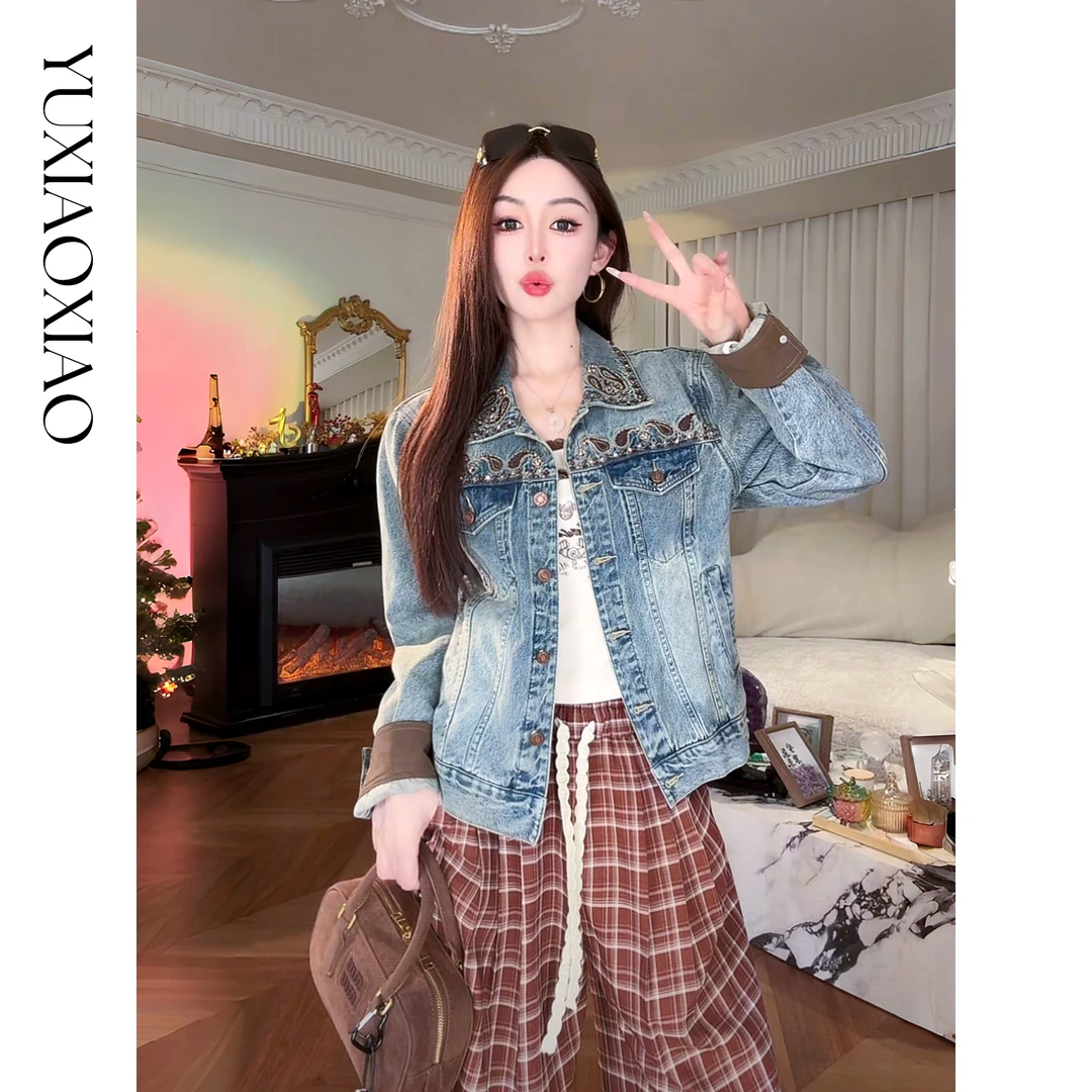 余潇潇【佩斯利旅行家】时尚百搭复古经典精致珠钻刺绣翻领牛仔外套