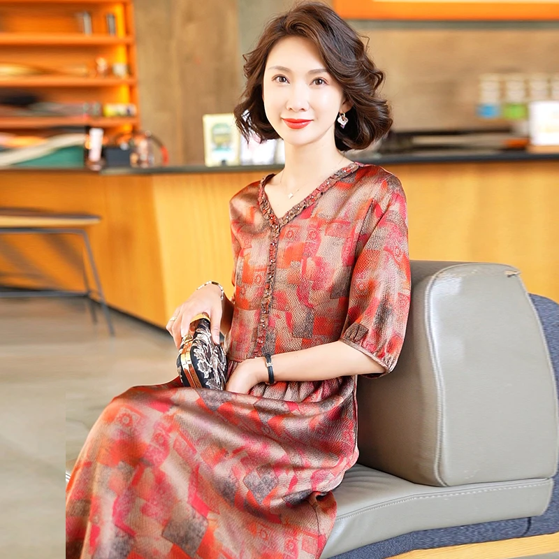 2025夏季时尚浪漫大牌杭州真丝连衣裙女气质妈妈桑蚕丝裙子