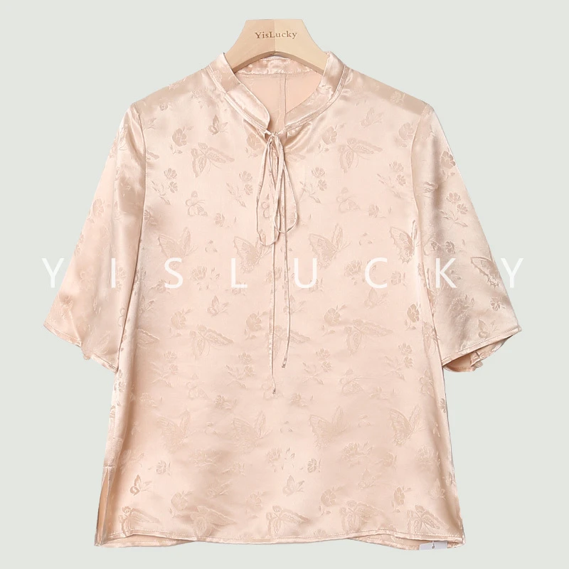 【蝶影油画】22姆米桑蚕丝提花桑波缎新中式花萝女士通勤衬衫SG9371