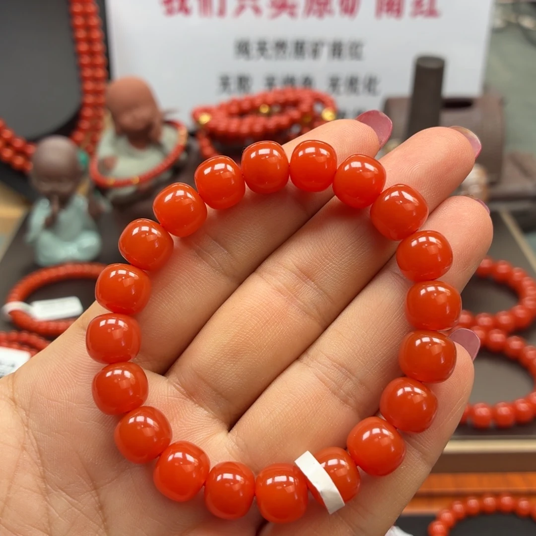 南红玛瑙未镶嵌手串中洞子柿子红老型10➕
