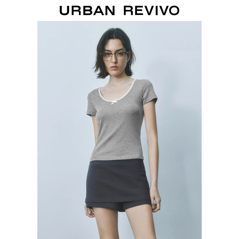 UR2025夏季新款女装时尚休闲撞色拼接蝴蝶结短袖T恤UYY450155