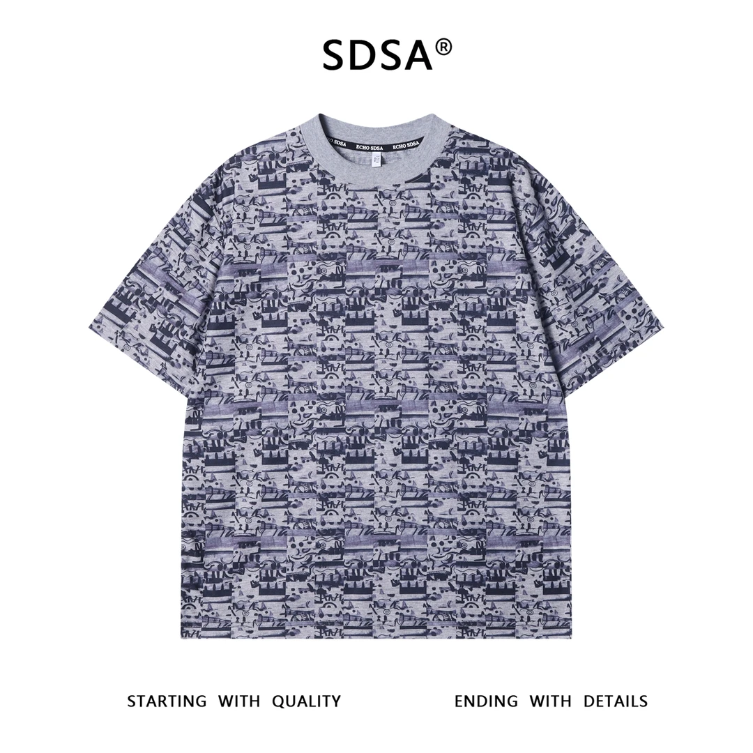 夏季高级感新款男士美式撞色抽象短袖T恤小众设计慵懒风百搭上衣