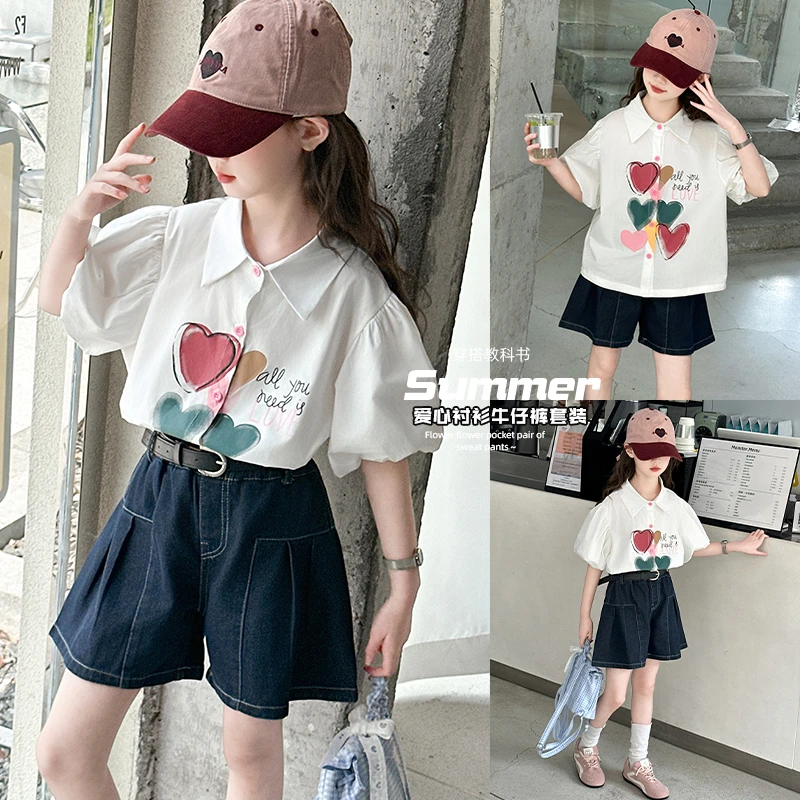 女童夏季短袖套装2025新款儿童洋气时尚印花衬衫大童牛仔短裤穿搭