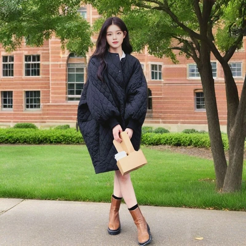 圆领棉服黑色菱形格外套女中长款2025冬季新款宽松时尚设计感棉衣