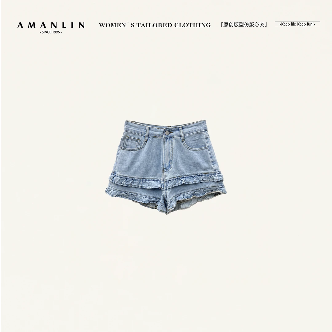 AMANLIN/阿谩琳欧若风木耳荷叶边显瘦显腿长高腰牛仔短裤Y598522