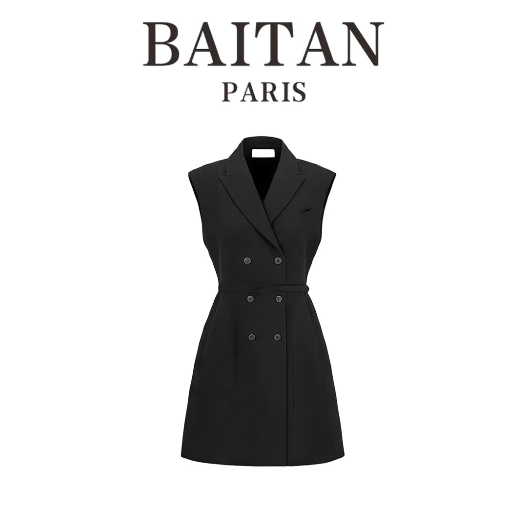 法式赫本春夏新款名媛高级感双排扣无袖马甲式修身薄款西装连衣裙