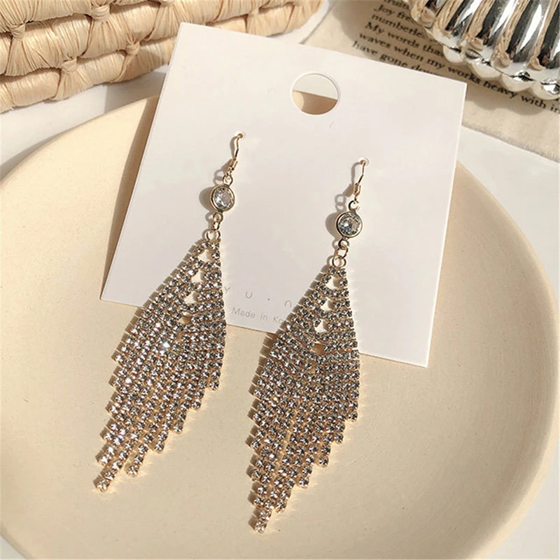 合金玻璃耳饰 151韩版甜酷风流苏耳环百搭长款闪钻耳饰淑女气质